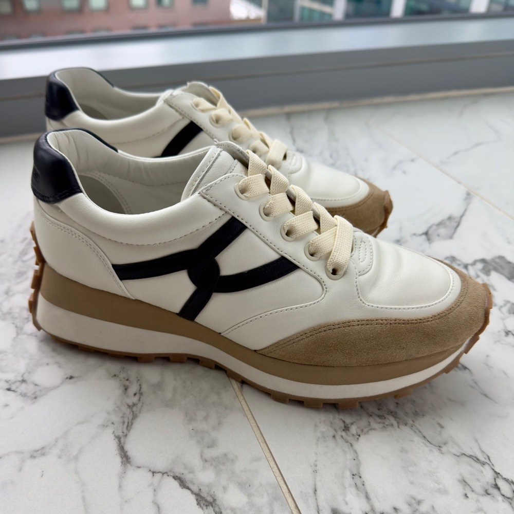 Veronica Beard White Black Tan Platform Sneakers